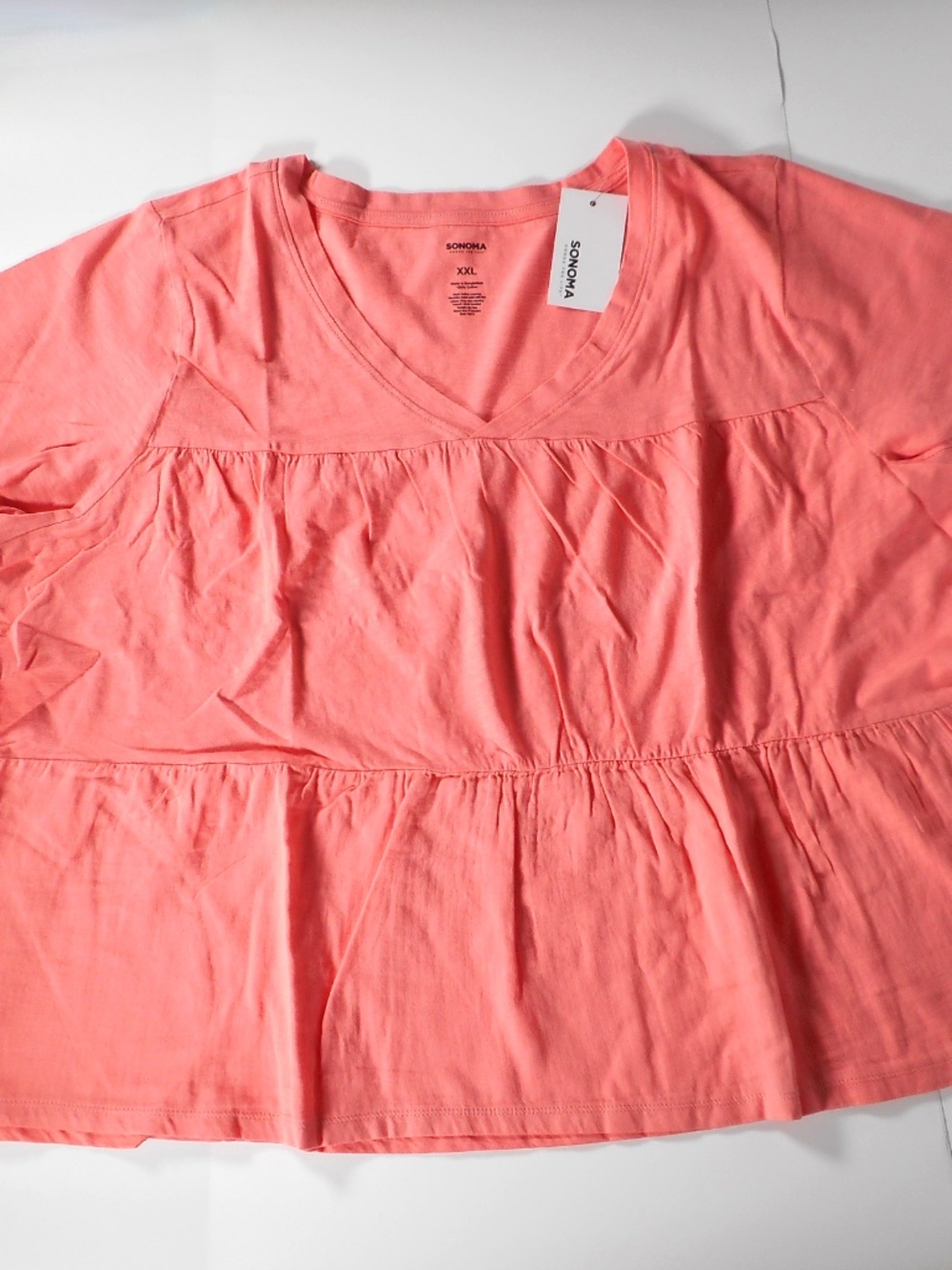 Sonoma Peplum Cotton Coral Lei Top Sz XXL V-Neck Short Sleeve Orange Tiered Tee
